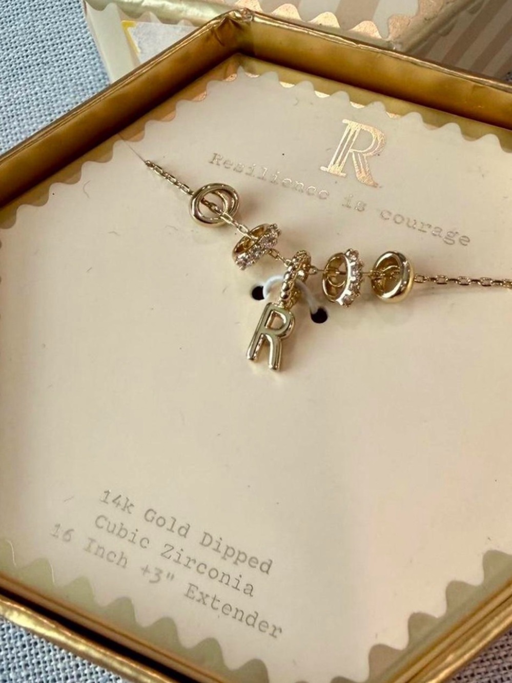 a new day Gold Initial 'R' Necklace with CZ Spacer Rings